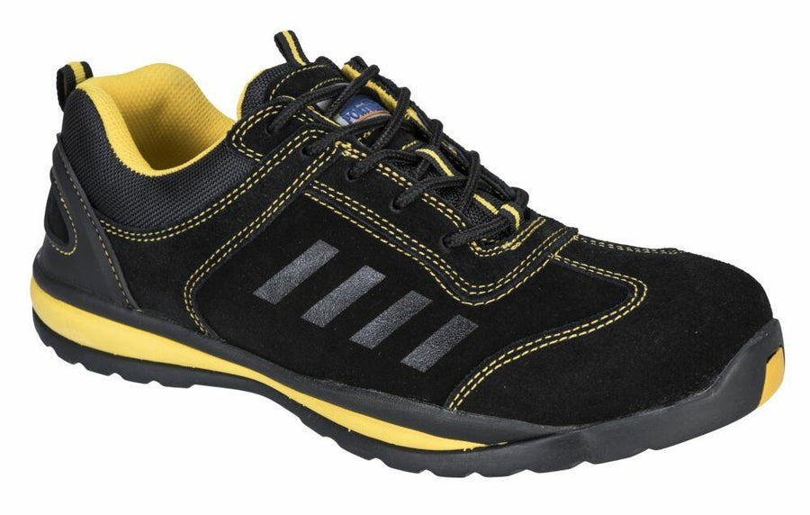 A Portwest PW304 athletic shoe in black and yellow, featuring black laces, yellow stitching, parallel stripes on the side, and a cushioned collar.