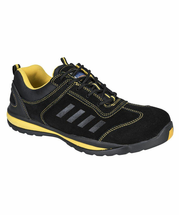 Portwest PW304: Black and yellow athletic shoe with three black stripes on the side, black laces, and yellow stitching. The interior lining is yellow, and the sole is black with a yellow stripe.
