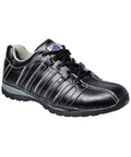 Introducing the PW324 from Portwest, a sleek black athletic shoe featuring white stitching, a lace-up design, and a textured rubber sole.