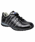 A black athletic shoe with white stitching, a multi-stripe design, and laces on a grey textured sole from Portwest, model PW324.