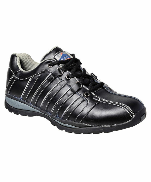 A black athletic shoe with white stitching, a multi-stripe design, and laces on a grey textured sole from Portwest, model PW324.