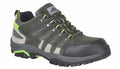 The PW325 by Portwest is a durable hiking shoe designed for outdoor use, featuring green and gray accents, sturdy laces, and a thick, textured sole.
