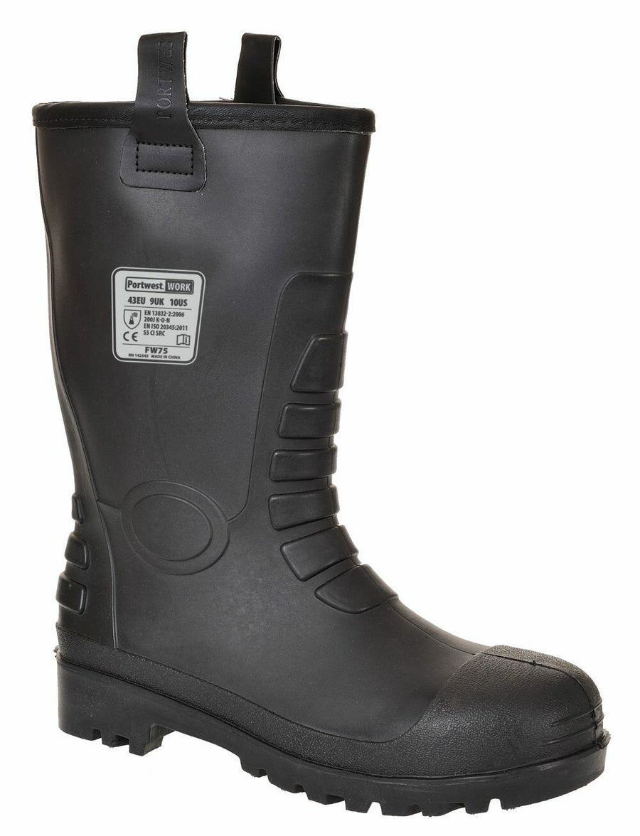 Portwest PW331 industrial work boot in black, crafted from rubber and featuring a steel toe protection label.