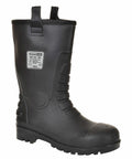 A single black waterproof work boot, Portwest PW331, with a label on the side, featuring a thick sole, high shaft, and pull-on tabs.