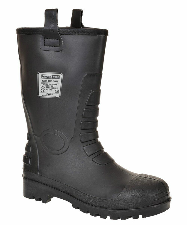 A single black waterproof work boot, Portwest PW331, with a label on the side, featuring a thick sole, high shaft, and pull-on tabs.