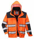 The Portwest PW332 is a high-visibility jacket in bright orange and black, featuring reflective stripes, a detachable hood, and a zippered front.