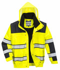 Introducing the Portwest PW332: a yellow and black safety jacket with a hood and reflective stripes, designed with a warm inner lining for added comfort.