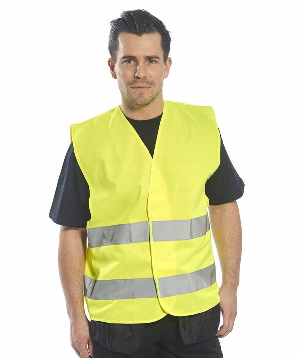 A person wearing a yellow Portwest PW333 high-visibility safety vest over a black shirt stands facing forward.