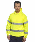 Person wearing a Portwest PW337 bright yellow safety hoodie with reflective stripes on the torso and arms, standing with arms at sides against a white background.