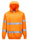The PW337 by Portwest is a bright orange hoodie featuring reflective gray stripes and a front pocket, specifically designed for high visibility.