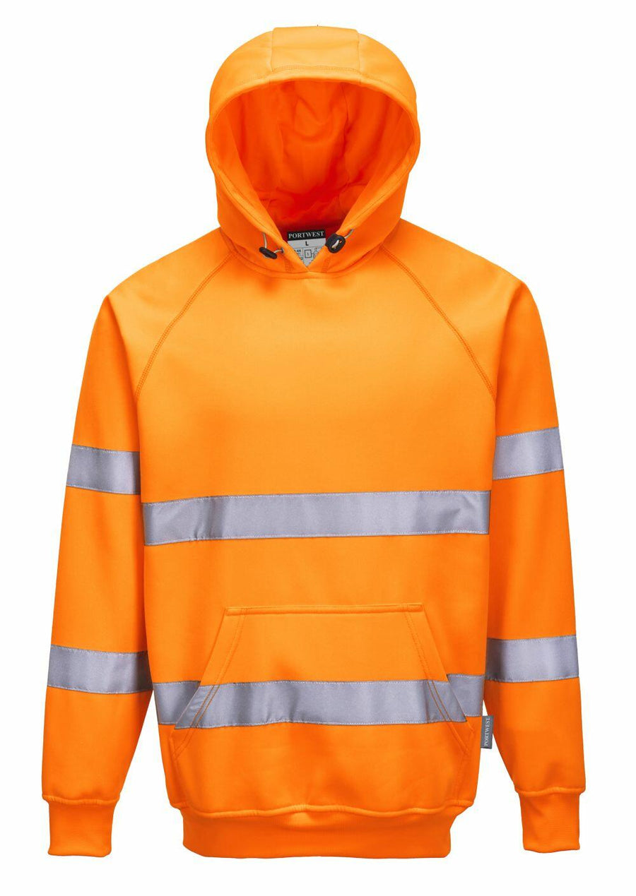 The PW337 by Portwest is a bright orange hoodie featuring reflective gray stripes and a front pocket, specifically designed for high visibility.