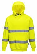 The PW337 by Portwest is a vibrant yellow reflective hooded sweatshirt featuring horizontal silver stripes across the chest and arms.