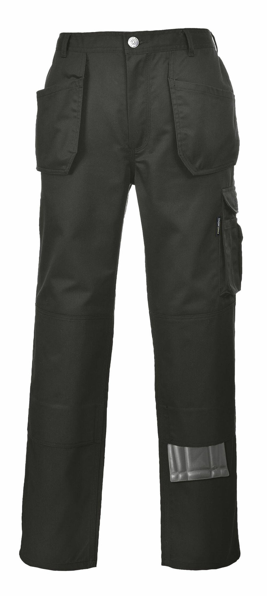 Portwest's PW342 cargo pants in black feature multiple pockets and reinforced knee patches.