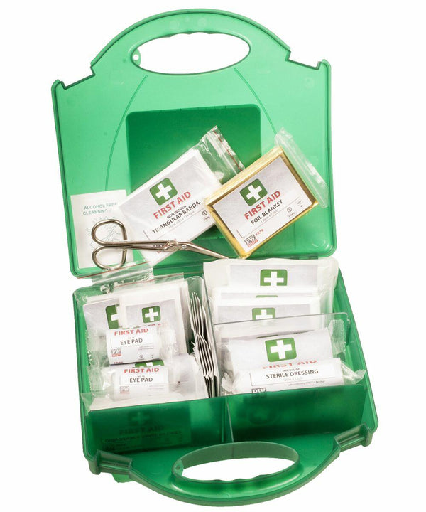 An open green first aid kit containing PW355 by Portwest, including bandages, sterile dressings, eye pads, alcohol-free wipes, and a pair of scissors.