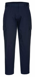 Portwest PW359: A front view of dark blue cargo pants featuring side pockets and belt loops.