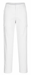 Portwest's PW359 white cargo pants, featuring side pockets and belt loops, presented against a plain background.