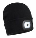Black knit beanie from Portwest's PW360 line featuring a built-in LED light on the front.