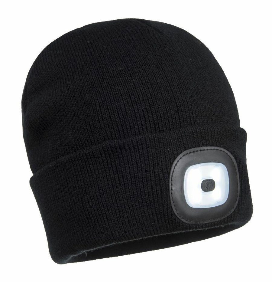 Black knit beanie from Portwest's PW360 line featuring a built-in LED light on the front.