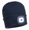The Portwest PW360 is a navy knit beanie featuring a built-in LED light on the front.