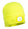 The PW360 by Portwest is a knit beanie in bright yellow, equipped with an integrated square LED light on the front.