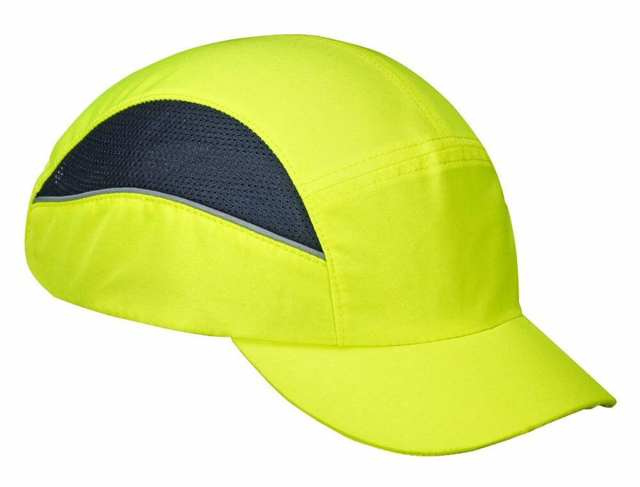 A Portwest PW362 safety cap in bright yellow, featuring black mesh ventilation panels on the sides.