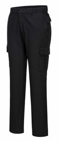 Portwest PW363 black cargo pants featuring two side pockets and extra thigh pockets, displayed against a plain white background.
