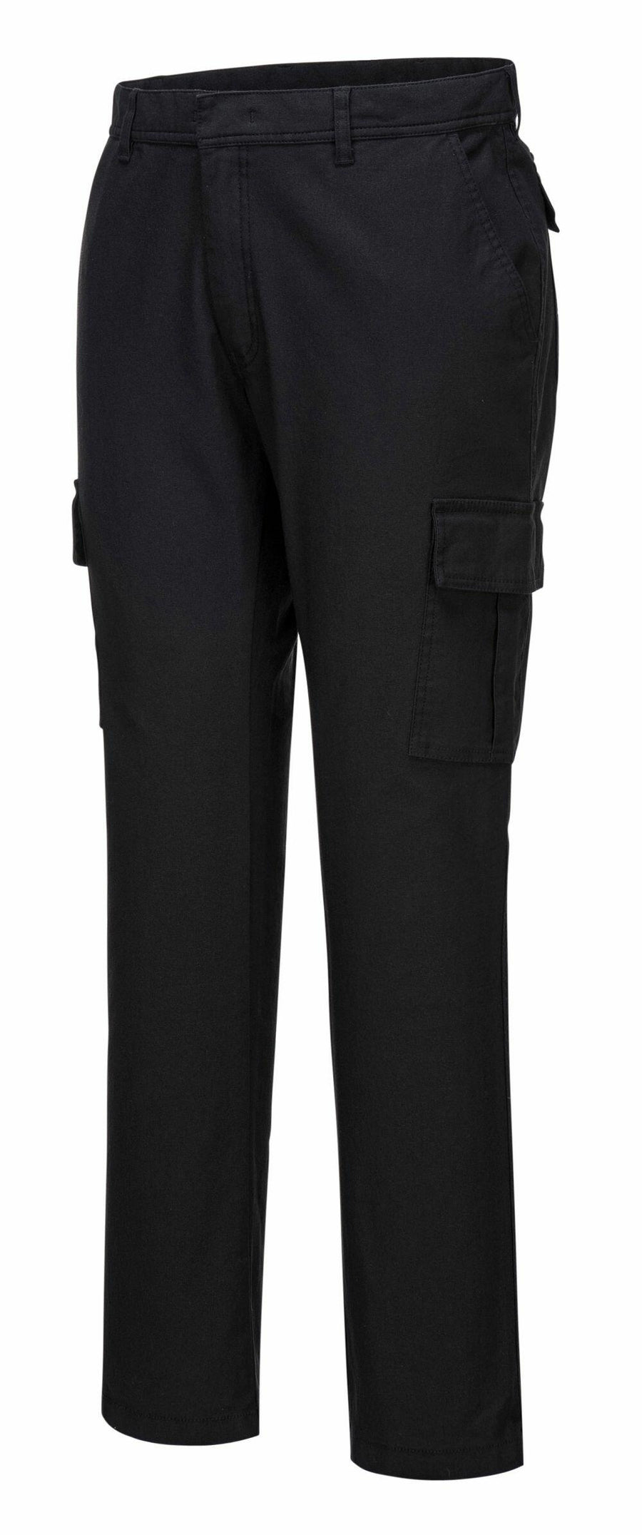 Portwest PW363 black cargo pants featuring two side pockets and extra thigh pockets, displayed against a plain white background.