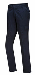 Black side view of Portwest PW363 slim-fit cargo pants featuring a single thigh pocket.