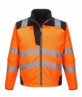 The Portwest PW366 is a bright orange high-visibility safety jacket, featuring reflective silver stripes, a zip front, and black detailing on the shoulders and sides.