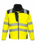 Portwest's PW366 is a high-visibility jacket in bright yellow, featuring reflective stripes, black accents, and a zippered front.