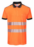 Portwest's PW368 features an orange polo shirt design with a black collar and reflective silver stripes running across the chest and waist.