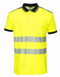 Portwest's PW368 is a bright yellow polo shirt with a black collar and sleeve trim, featuring two reflective horizontal stripes and a chest pocket.