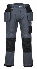 Portwest PW369 work pants in gray and black, featuring multiple pockets and reinforced knees.