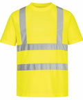 A Portwest PW411 high-visibility yellow safety vest with reflective silver tape on the chest and waist.