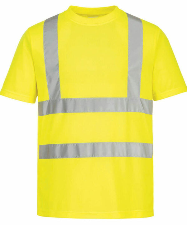 A Portwest PW411 high-visibility yellow safety vest with reflective silver tape on the chest and waist.
