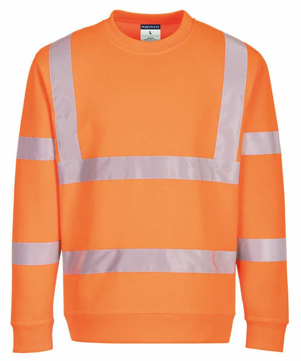 Bright orange safety sweatshirt with reflective silver strips around the torso and arms, PW412 by Portwest.