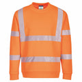 A Portwest PW412 high-visibility sweatshirt in orange featuring reflective silver stripes across the chest, arms, and back.