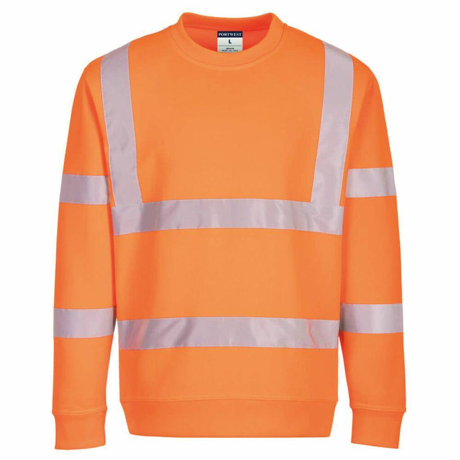 A Portwest PW412 high-visibility sweatshirt in orange featuring reflective silver stripes across the chest, arms, and back.