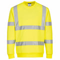 The Portwest PW412 is a yellow high-visibility sweatshirt featuring reflective silver stripes on the chest and sleeves and is available in size L.