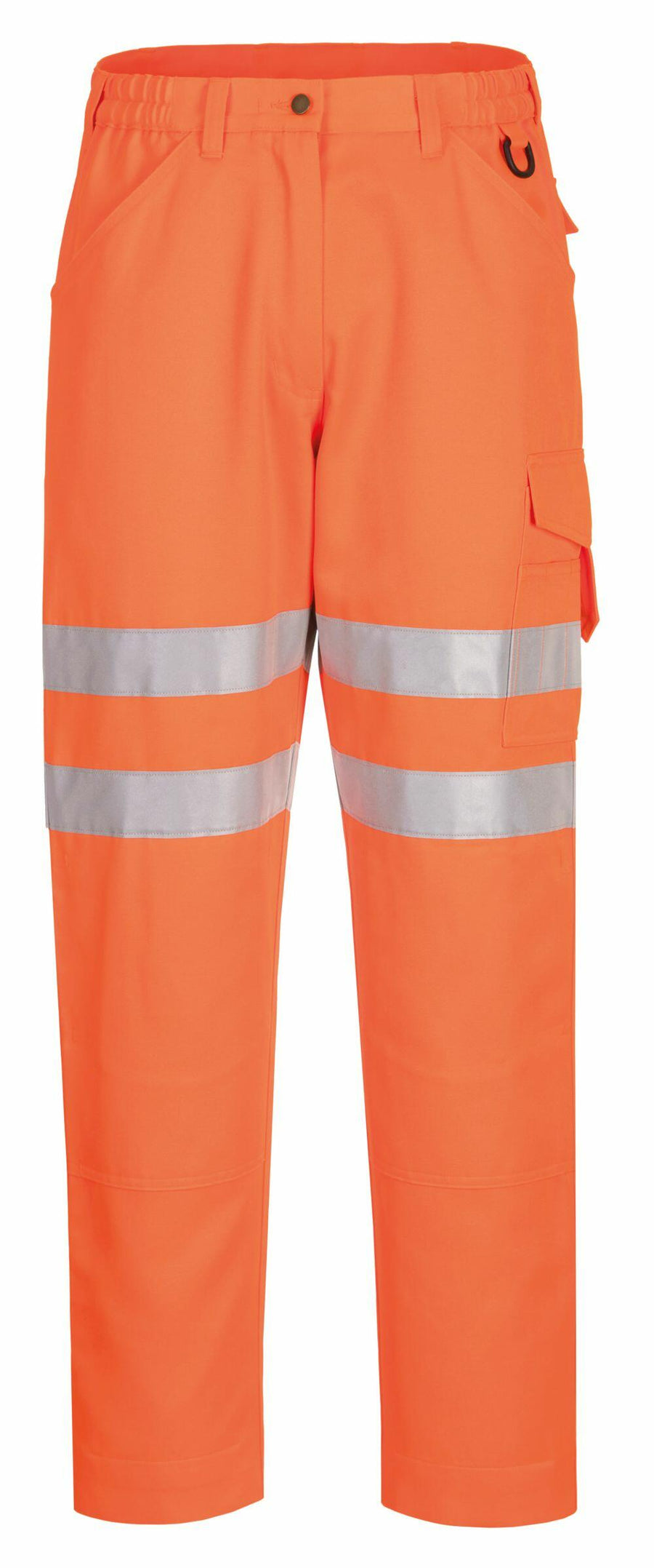 Portwest PW413 work pants in bright orange, featuring reflective silver stripes around the legs and a right-side pocket.