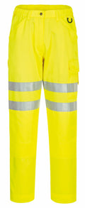 The PW413 by Portwest are bright yellow high-visibility work pants featuring reflective silver stripes and multiple pockets.