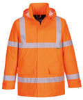 A bright orange Portwest PW414 safety jacket with reflective silver stripes, hood, front zipper, and two front pockets.