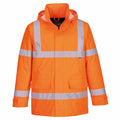 The PW414 by Portwest is a vibrant orange safety jacket with silver reflective stripes, complete with a hood and two pockets.