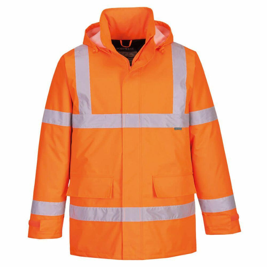 The PW414 by Portwest is a vibrant orange safety jacket with silver reflective stripes, complete with a hood and two pockets.