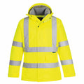 The PW414 high-visibility jacket by Portwest is a bright yellow jacket featuring reflective silver stripes and a hood.