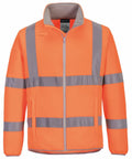 Bright orange high-visibility safety jacket with reflective grey stripes across the torso, arms, and shoulders. The Portwest PW415 features a zippered front and a stand-up collar.