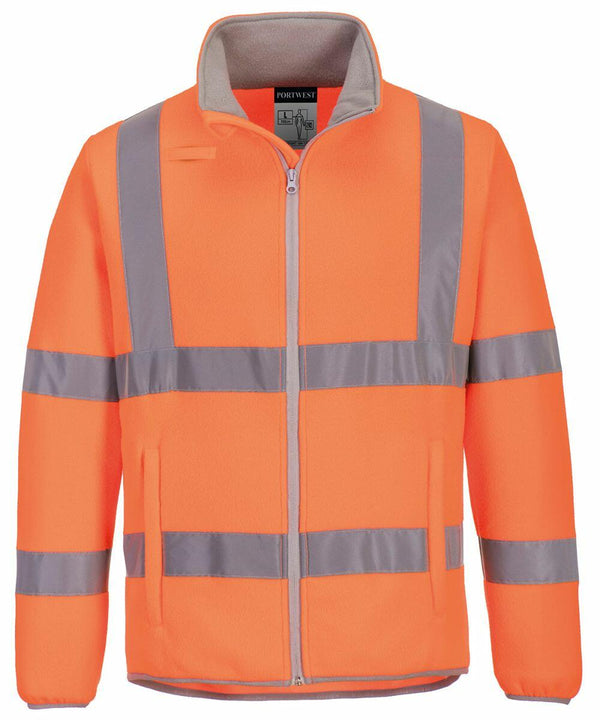 Bright orange high-visibility safety jacket with reflective grey stripes across the torso, arms, and shoulders. The Portwest PW415 features a zippered front and a stand-up collar.
