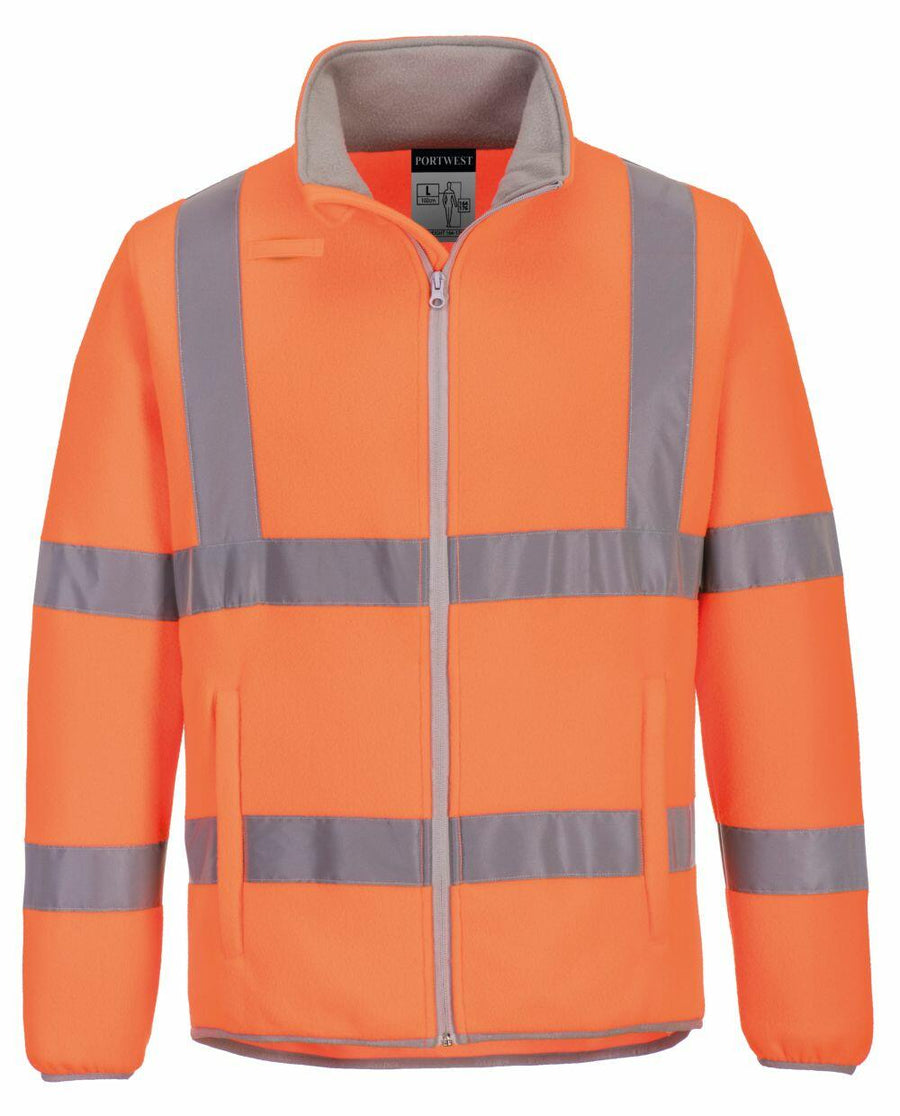 The PW415 by Portwest is a vibrant orange safety jacket featuring reflective gray stripes, a high collar, and a zippered front.
