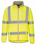 Portwest's PW415 is a vibrant yellow high-visibility jacket equipped with reflective silver stripes on both the torso and sleeves, complete with a front zipper.