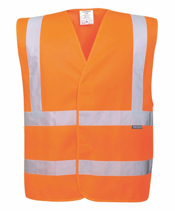 An orange high-visibility safety vest with reflective gray stripes across the chest and shoulders, the PW416 by Portwest.